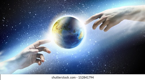 Close up of human hands touching with fingers. Based on Michelangelo picture. Elements of this image are furnished by NASA