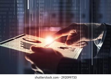 Close up of human hands using virtual panel
