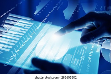 Close up of human hands using virtual panel