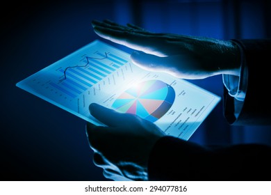 Close up of human hands using virtual panel
