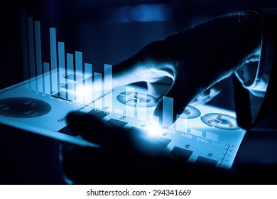 Close up of human hands using virtual panel