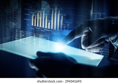 Close up of human hands using virtual panel