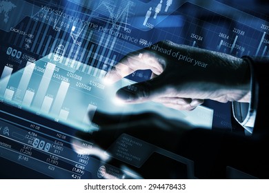 Close up of human hands using virtual panel