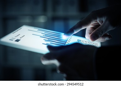 Close up of human hands using virtual panel