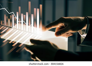 Close up of human hands using virtual panel