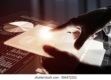 Close up of human hands using virtual panel
