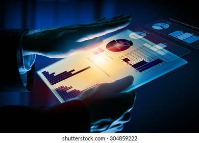 Close up of human hands using virtual panel