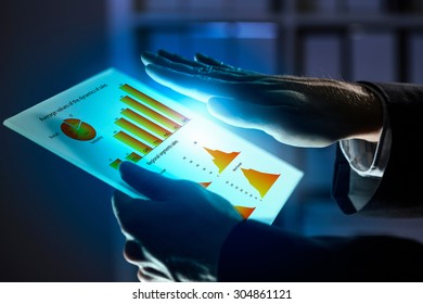 Close up of human hands using virtual panel