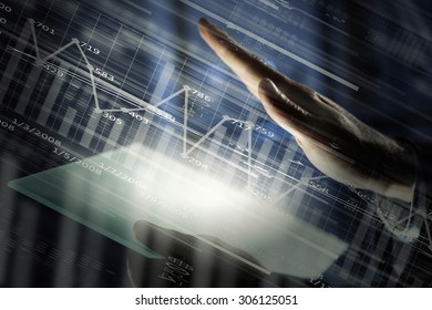 Close up of human hands using virtual panel