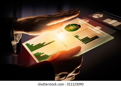 Close up of human hands using virtual panel
