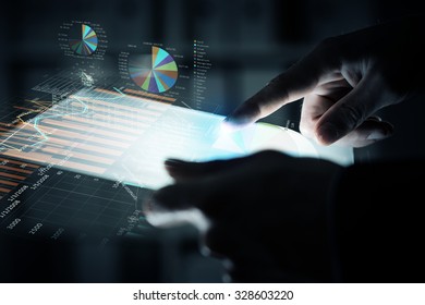 Close up of human hands using virtual panel