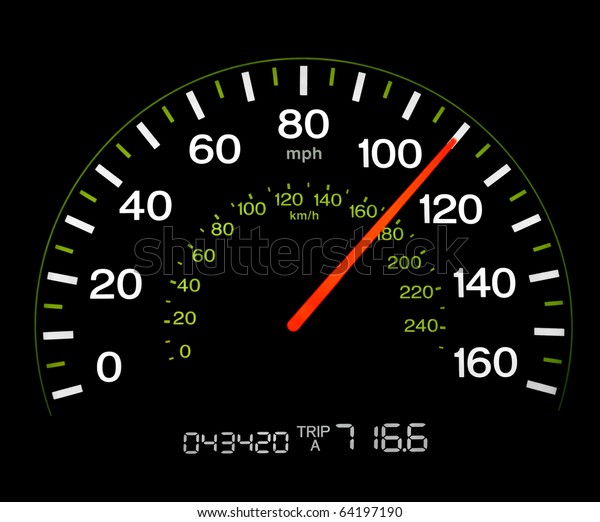Close\
up of an illuminated speedometer reading 110\
MPH.