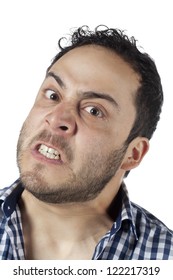 Close Up Image Of Angry Face Of A Man Against White Background