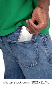 A Close Up Image Of The Back Site Of A African American In Jeans, Putting
His Cell Phone In Back Jeans Pocket, Isolated Foe White Background
