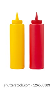 Close up image of bottles of mustard and ketchup against white background
