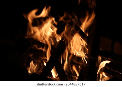 Close up image of burning embers in fire with charred pieces of wood