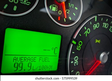 Close Up Image Of A Car's Dashboard Indicating A Very High Fuel Consumption.