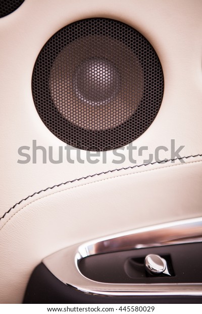 Close up image of a\
car\'s stereo speaker.