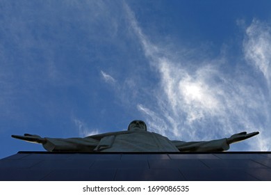 Close Up Of The Image Of Christ The Redeemer, In Corcovado, Rio De Janeiro, With Beautiful Blue Sky. Brazil, Rio De Janeiro, February 2019.