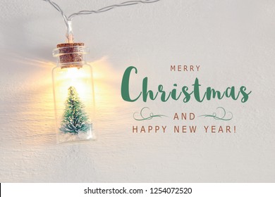 close up image of Christmas tree in the masson jar garland light over wooden white background - Powered by Shutterstock