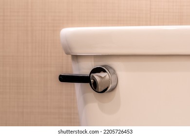 Close up image of a chrome toilet flush lever with a reflection of toilet paper. - Shutterstock ID 2205726453