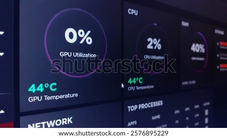 Close up image of a computer screen showing the GPU and CPU temperature, System Vitals, Power User. Indication of load on system.