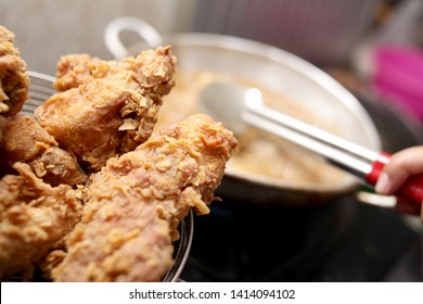 Close Up Image Of Cooking Deep Fry Fried Chicken, Hot Fat Fryer In Home Kitchen