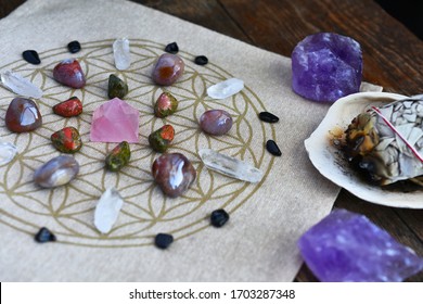 A close up image of a crystal energy healing grid. 