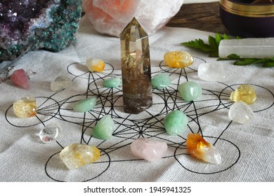 A close up image of a crystal healing grid using sacred geometry. 