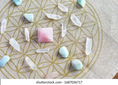 A close up image of a crystal self love energy healing grid.