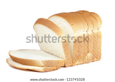 Close up image of cut of loaf bread on white against white background