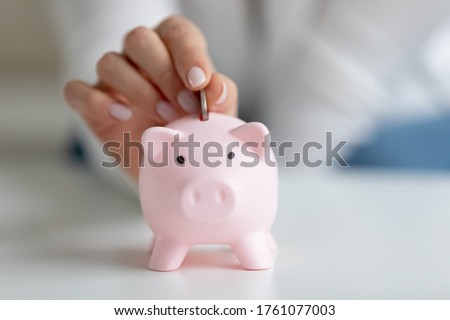 Close up image female fingers puts coin inside of piggy bank. Save money, think about future, avoid unnecessary expenses, housewife manage control family household budget, economy cost savings concept