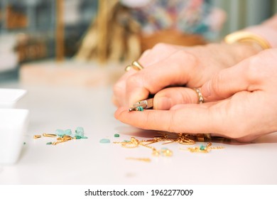 Close Up Image Of Female Hands Working With Jewelry Parts, Woman Making Handcraft Earrings