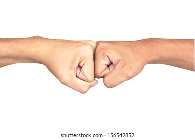 A close up image of a fist bump against white background