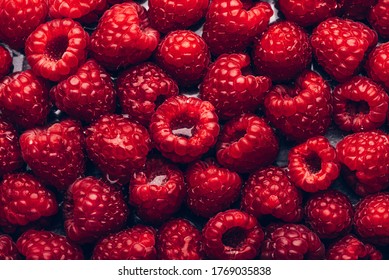 Close Up Image Of Fresh Raspberries, Summer Concept, Background Image From Above, Food Flatlay