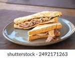 a close up image of a grilled ham and cheese toastie sandwich on a plate.