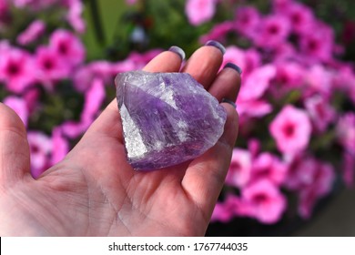 A close up image of a hand holding a large purple amethyst crystal.