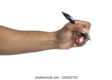 Close Up Image Of Hand Holding A Pen Against White Background