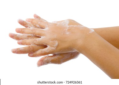 Close up image of hand washing medical procedure step Isolated on white background.