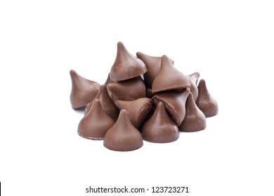 Close Up Image Of Pile Of Chocolate Chips Against White Background