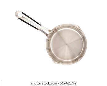 Close Up Image Of Professional Stainless Sauce Pan Isolated On White. Top View
