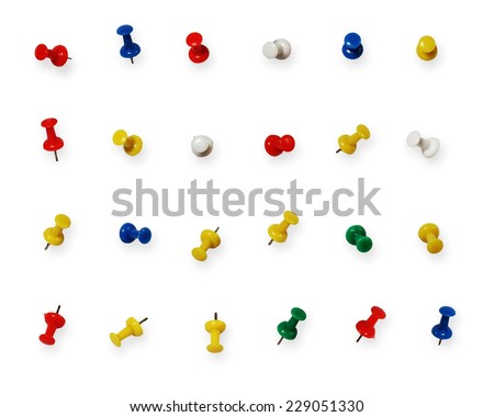 Close up image of push pins in different positions isolated on white
