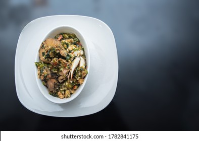 A Close Up Image Of Seafood Okra Soup.