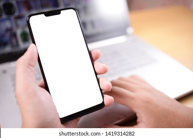 Close Up Image Of Smart Phone Mockup, Businessman Holding Phone With White Screen Template