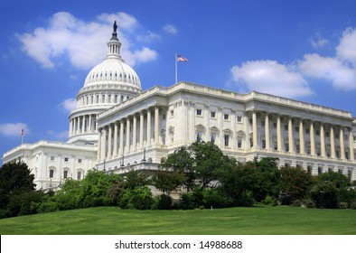 Close Up Image Of The US Capitol. Versatile Image That Could Be Used To Represent Politics, Power, Government, Traveling, Policy Debates, Elections.