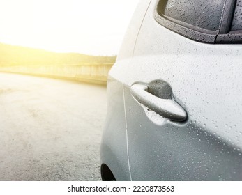 Close Up Image Wet Car Door Handle. Selective Focus.