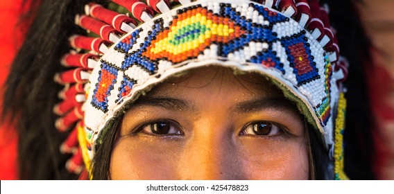 Close Up Of Indian Woman Hunter.Native American