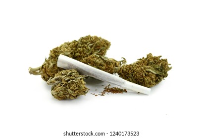 Close up of indica prescription and recreational medical marijuana dried flower bud  and joint isolated on white background. Medical marijuana.Therapeutic and medicinal cannabis. Marijuana nugget.