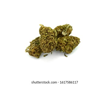 Close Up Of Indica Prescription And Recreational Medical Marijuana Flower Bud Isolated On White Background. Medical Marijuana.Therapeutic And Medicinal Cannabis. Marijuana Nugget.