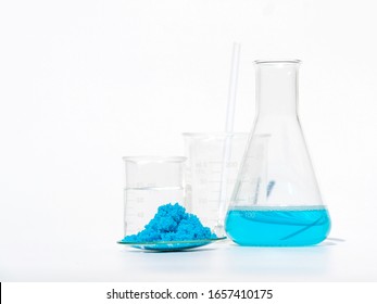 Close up inorganic chemical on white laboratory table. Copper(II) sulfate,  alcohol. Chemical ingredient for Cosmetics & Toiletries product.